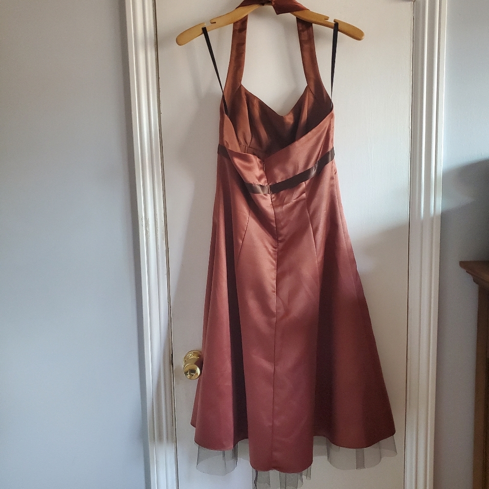Vintage Y2K Halter Babydoll Dress Satin Brown w/ Bow Size 7/8 Retro Prom Formal - Picture 6 of 16